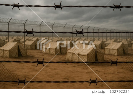 A camp of tents behind barbed wire under a gray sky. 132792224