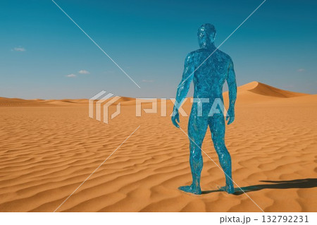 A blue man in the desert from the back. Space for text. 132792231