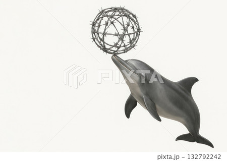 A dolphin juggles a ball of barbed wire. Space for text. A dolphin juggles a ball of barbed wire. Space for text. 132792242