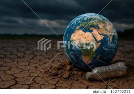 A globe and a plastic bottle on the cracked ground, the climate crisis. Space for text. A globe and a plastic bottle on the cracked ground, the climate crisis. Space for text. 132792251