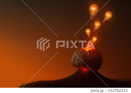 The volcano brain spews out light bulbs, an explosion of ideas and inspiration. Space for text. 132792252