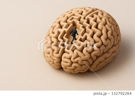 A labyrinth on the surface of the brain, symbolizing the complexity of thinking. Space for text. 132792264