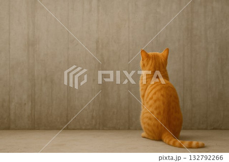 An orange cat sits with his back to the camera, looking at the wall. Space for text. 132792266