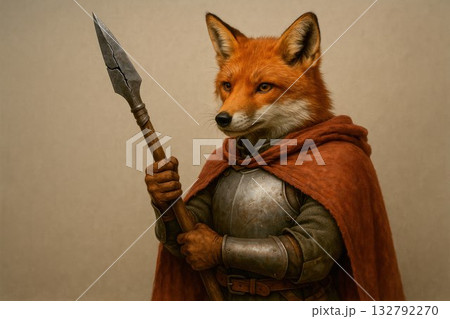A fox in medieval armor with a spear, like a warrior. Space for text. A fox in medieval armor with a spear, like a warrior. Space for text. 132792270