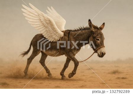 A donkey with wings runs across a desert plain. 132792289