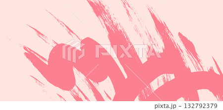Abstract vector squiggle curve pastel coral pink brush strokes on peach background. Grunge artistic red wavy and sumi-e scribble paintbrush splash spray texture for trendy banner, poster design 132792379