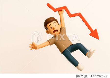 The character is hanging on a falling red arrow. Space for text. 132792575