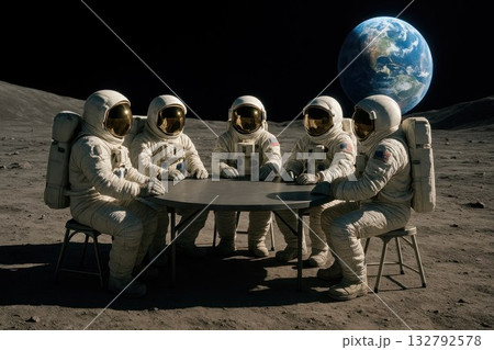 Astronauts at a table on the moon with a view of the Earth. Astronauts at a table on the moon with a view of the Earth. 132792578