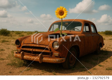 An old car with a sunflower instead of an engine. 132792579