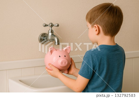A child with a piggy bank under the tap in the bathroom. A child with a piggy bank under the tap in the bathroom. 132792583
