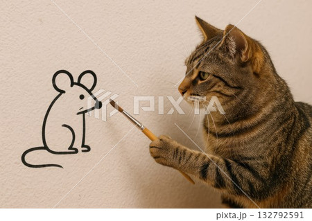 A cat draws a mouse on the wall with a brush. A cat draws a mouse on the wall with a brush. 132792591