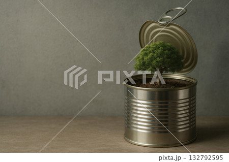 A small tree growing inside an open can. Space for text. 132792595