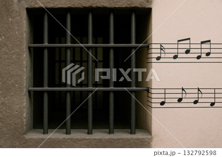 Prison bars turning into notes. 132792598