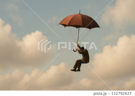 A man in a suit flying in the sky with an umbrella. Space for text. A man in a suit flying in the sky with an umbrella. Space for text. 132792627