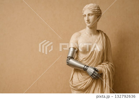 An antique statue with a prosthetic robot arm. Space for text. 132792636