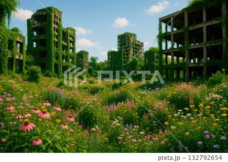 Abandoned buildings overgrown with greenery and flowers. 132792654