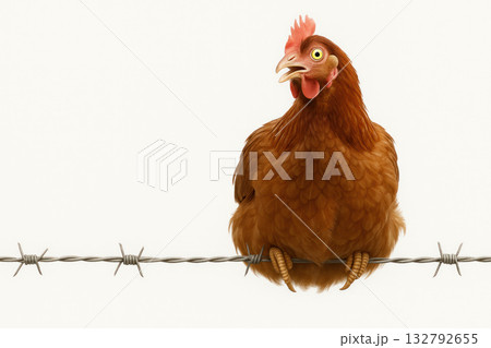 The chicken sits on the barbed wire with a surprised expression. Space for text. The chicken sits on the barbed wire with a surprised expression. Space for text. 132792655