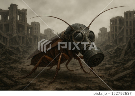 A cockroach in a gas mask among the ruins of a ruined city. 132792657