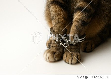 Cat's paws in handcuffs on a light background. Space for text. 132792694