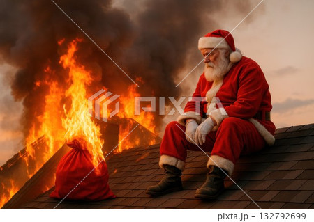 Santa Claus on the roof of a burning house. Space for text. 132792699