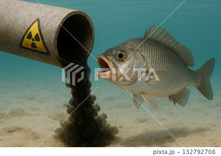 Fish near a pipe with radioactive waste underwater. Fish near a pipe with radioactive waste underwater. 132792708