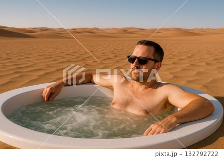 A man in a jacuzzi in the middle of the desert under a blue sky. 132792722