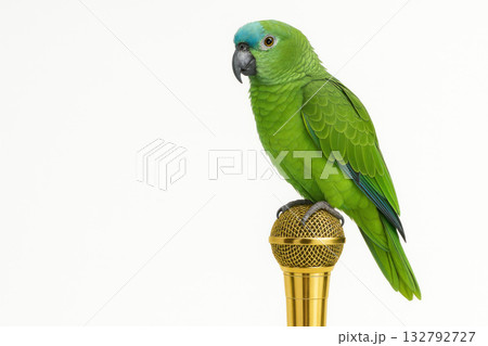A green parrot sitting on a golden microphone. Space for text. A green parrot sitting on a golden microphone. Space for text. 132792727