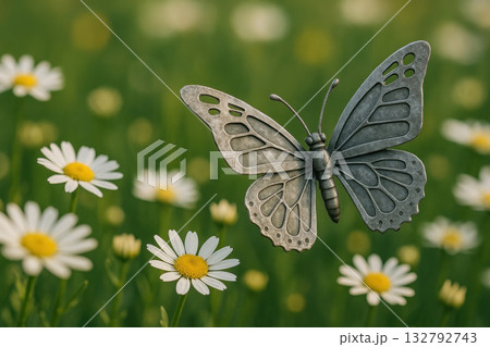 A metal butterfly hovering over daisies in a green field. Space for text. 132792743