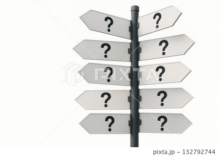 A sign with many arrows and question marks. Space for text. A sign with many arrows and question marks. Space for text. 132792744