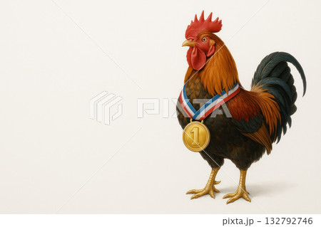 A rooster with a gold medal around his neck. Space for text. A rooster with a gold medal around his neck. Space for text. 132792746