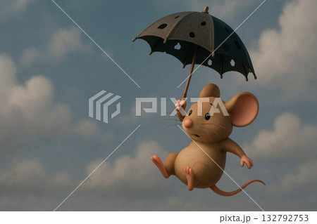 A mouse with an umbrella flies through the clouds. Space for text. A mouse with an umbrella flies through the clouds. Space for text. 132792753