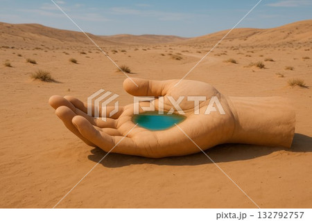 A sculpture hand with water in the desert. 132792757