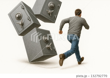 A man running away from falling safes. 132792770