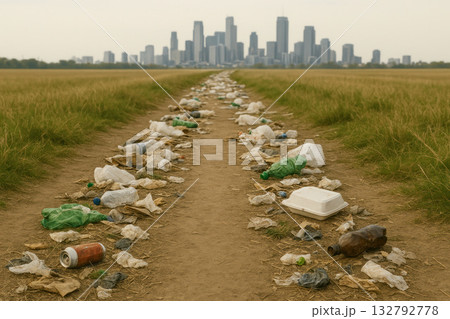 A path of garbage leading to the city on the horizon. 132792778