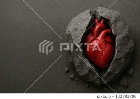 A red heart inside the shattered stone. Space for text. A red heart inside the shattered stone. Space for text. 132792780