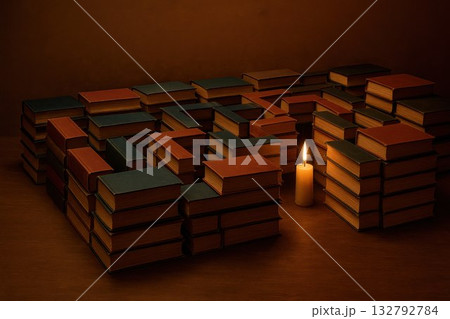 A labyrinth of books with a candle inside. 132792784
