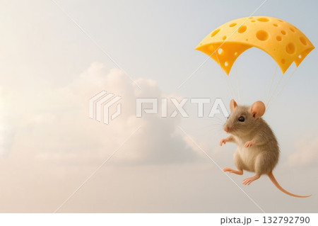 The mouse flies with cheese instead of a parachute. Space for text. 132792790