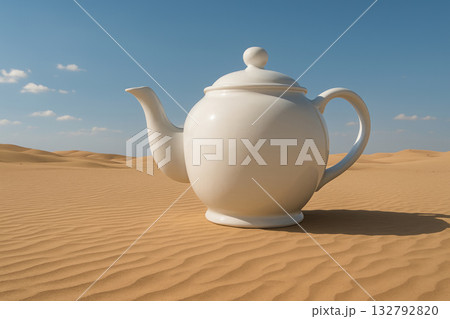 A white teapot standing in the desert under the blue sky. 132792820