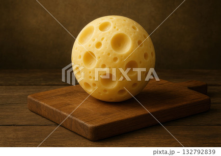 A spherical piece of cheese in the shape of a moon on a wooden board. 132792839