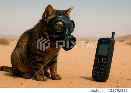 A cat in a gas mask looks at a phone in the desert. A cat in a gas mask looks at a phone in the desert. 132792851