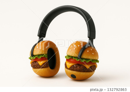 Headphones from burgers with cheese and salad. 132792863