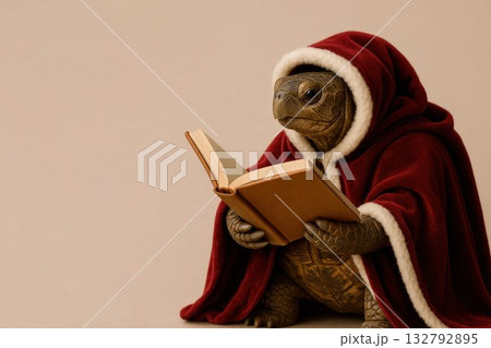 A turtle in a red cloak is reading a book. Space for text. 132792895