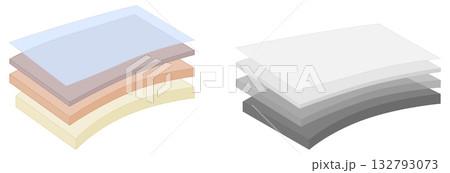Simple four layers or fabric diagram. Various thickness, colors and gray version, top layer opaque, sheets are slightly bent Simple four layers or fabric diagram. Various thickness, colors and gray version, top layer opaque, sheets are slightly bent 132793073
