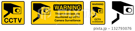 Yellow CCTV in operation sign, simple black surveillance camera drawing with text below 132793076