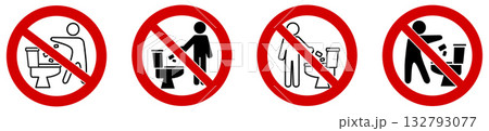 Do not throw or flush rubbish in toilet icon. Simple man silhouette throwing stuff into bowl, red crossed circle around 132793077