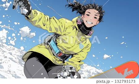 スノーボードを楽しんでいる若い女性