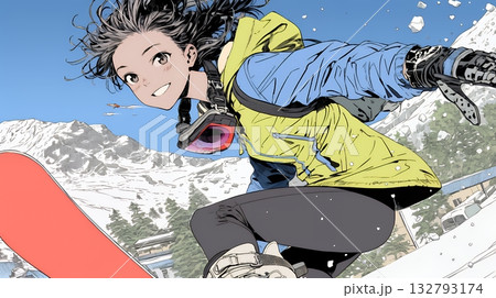 スノーボードを楽しんでいる若い女性