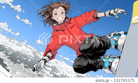 スノーボードを楽しんでいる若い女性