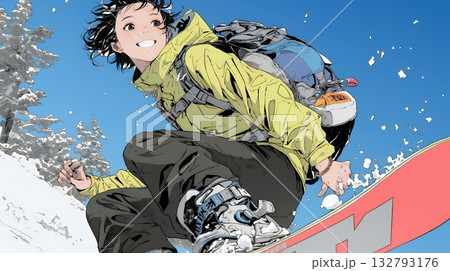 スノーボードを楽しんでいる若い女性