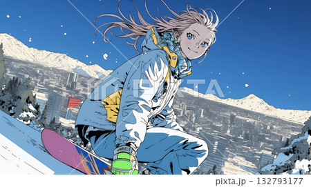 スノーボードを楽しんでいる若い女性